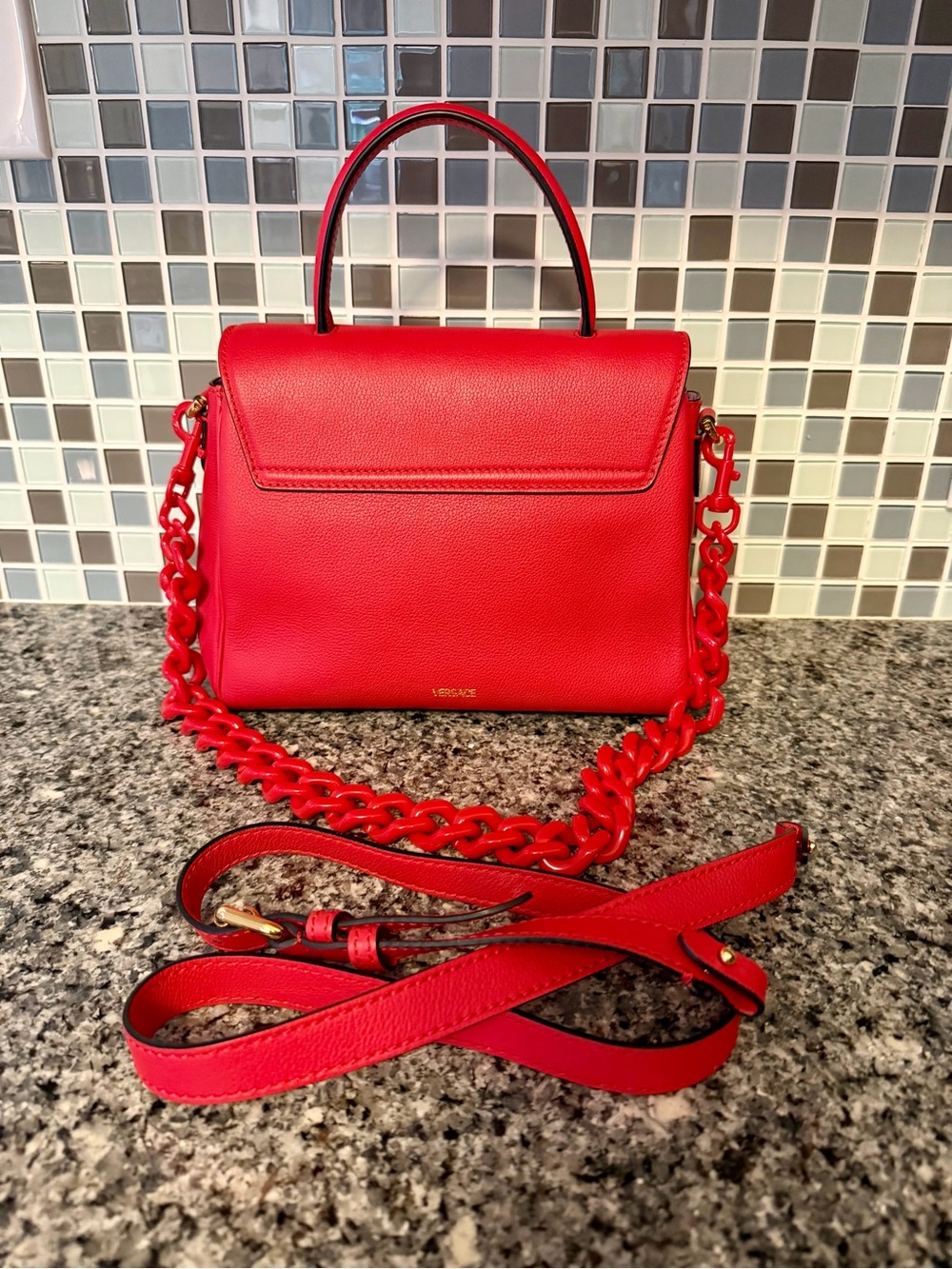Versace Bright Red Leather Top-Handle Satchel with Chain Strap - Picture 3 of 11